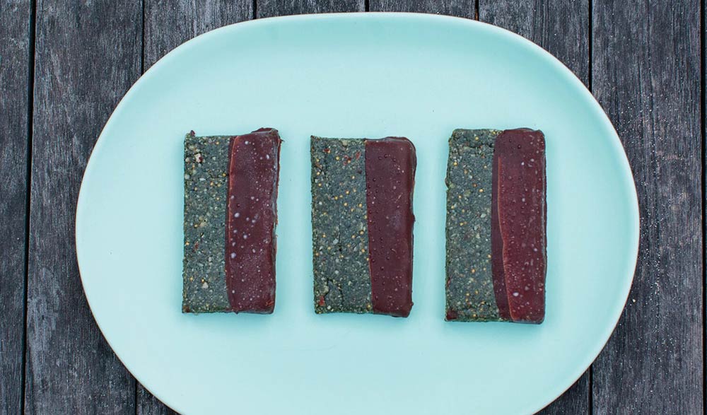 Three spirulina Fruit and Nut Bars made at home.